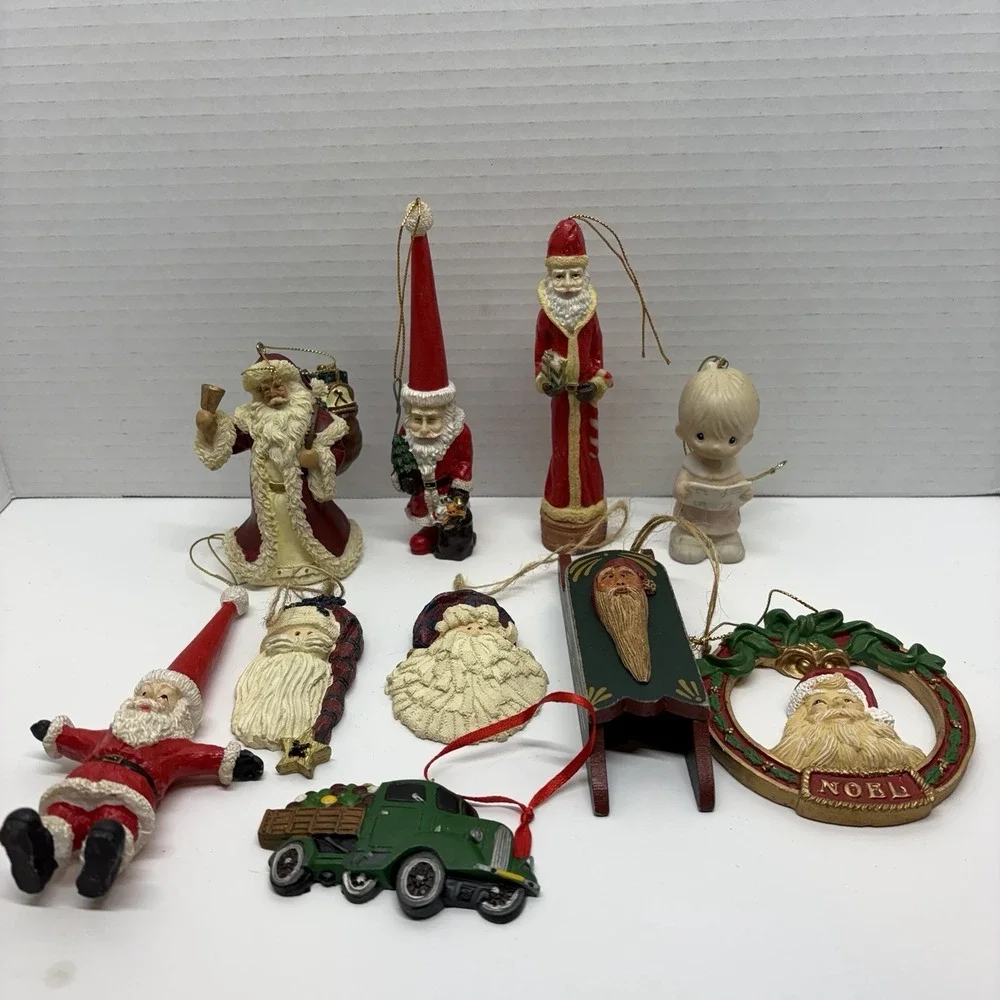 Lot Of  10  Vintage Christmas‎ Ornaments Wooden Noel Sled Santa Clay Ceramic
